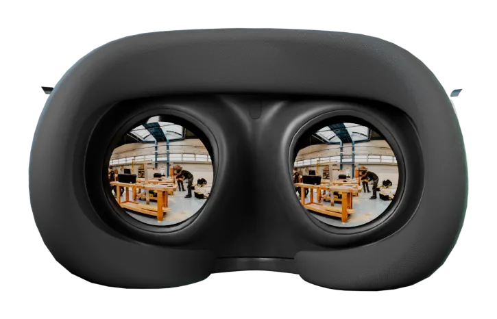 Casque de réalité virtuelle Bienvenue 360, vue intérieure, l'atelier de Pleyben dans les lentilles